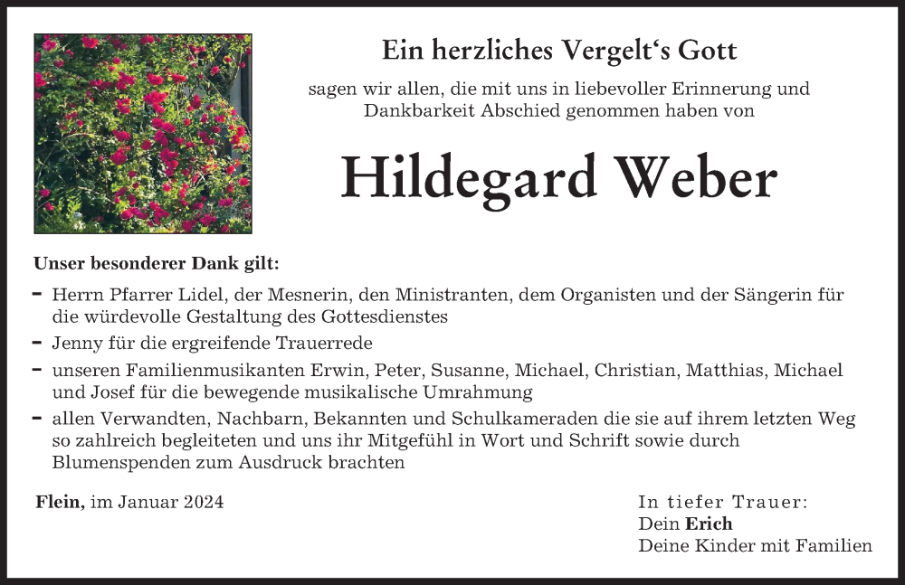 Traueranzeige von Hildegard Weber von Donauwörther Zeitung