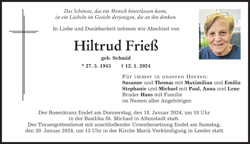 Traueranzeige von Hiltrud Frieß von Landsberger Tagblatt