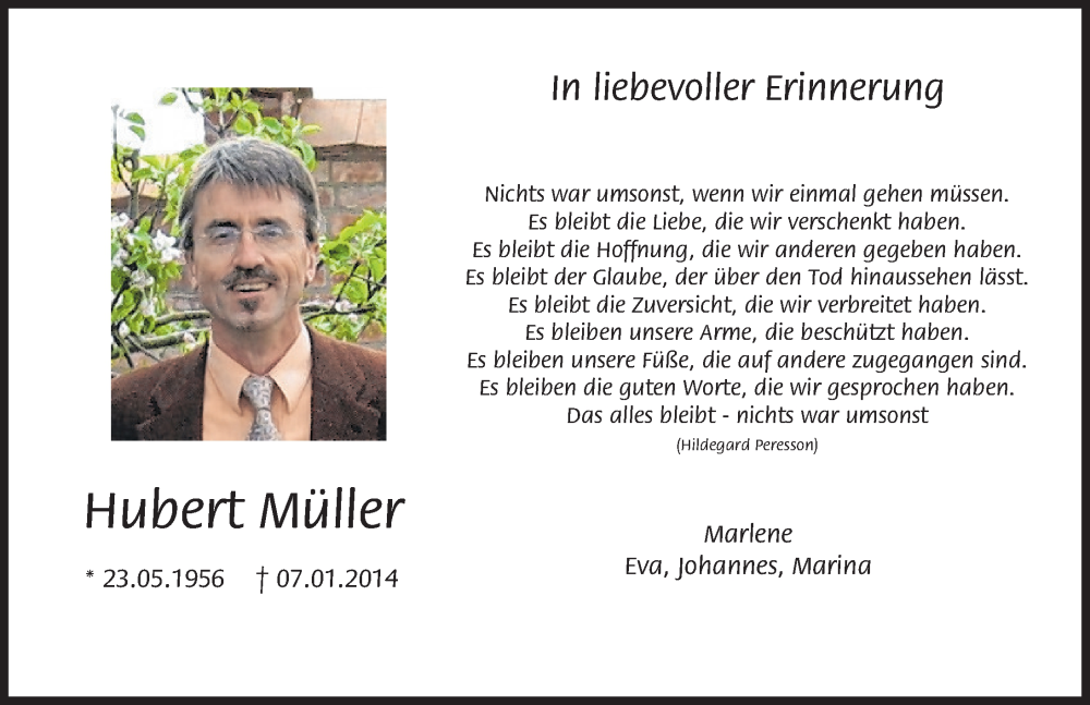 Traueranzeige von Hubert Müller von Illertisser Zeitung