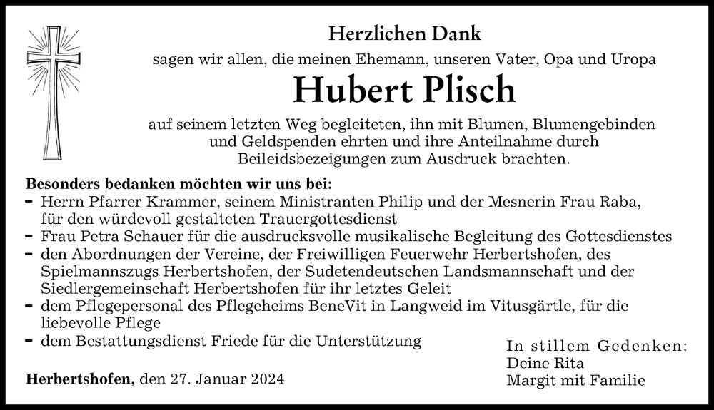 Traueranzeige von Hubert Plisch von Augsburger Allgemeine