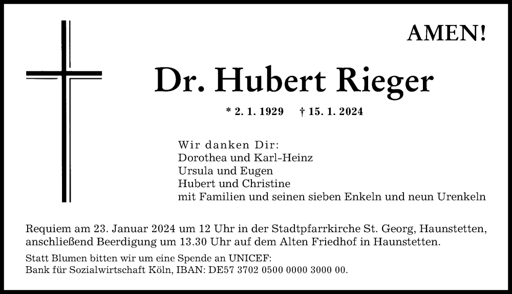 Traueranzeige von Hubert Rieger von Augsburger Allgemeine