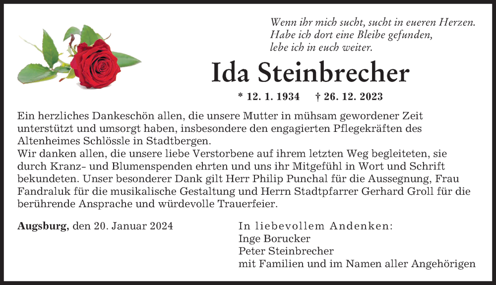 Traueranzeige von Ida Steinbrecher von Augsburger Allgemeine