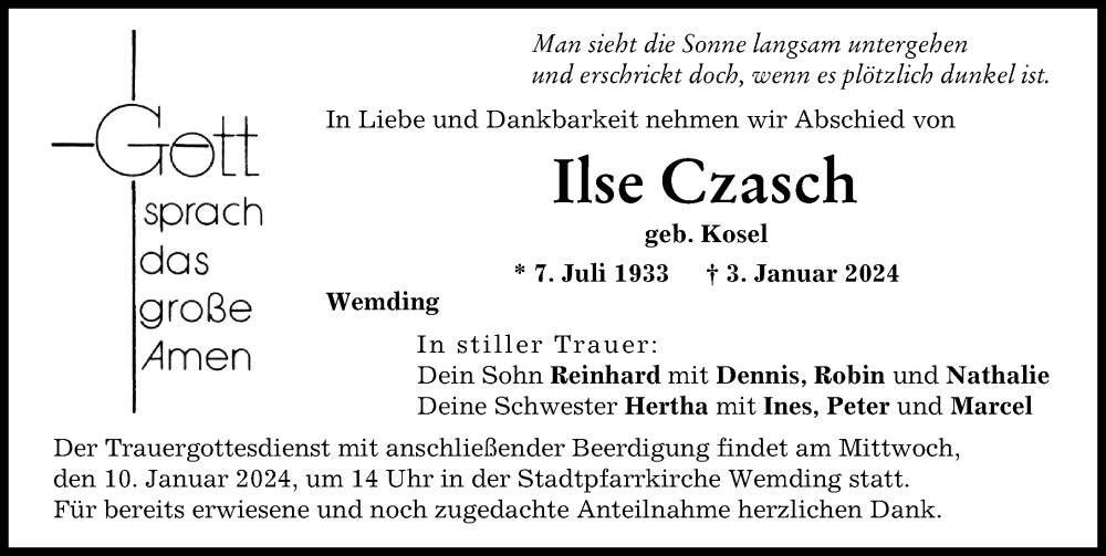 Traueranzeige von Ilse Czasch von Donauwörther Zeitung
