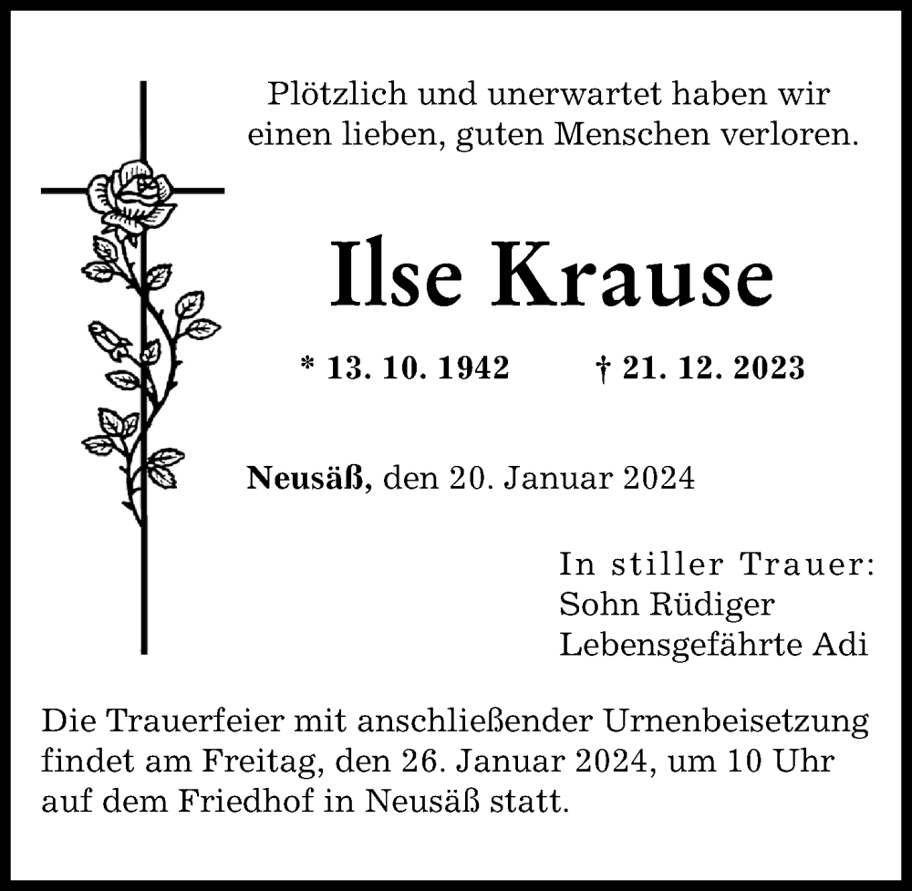 Traueranzeige von Ilse Krause von Augsburger Allgemeine