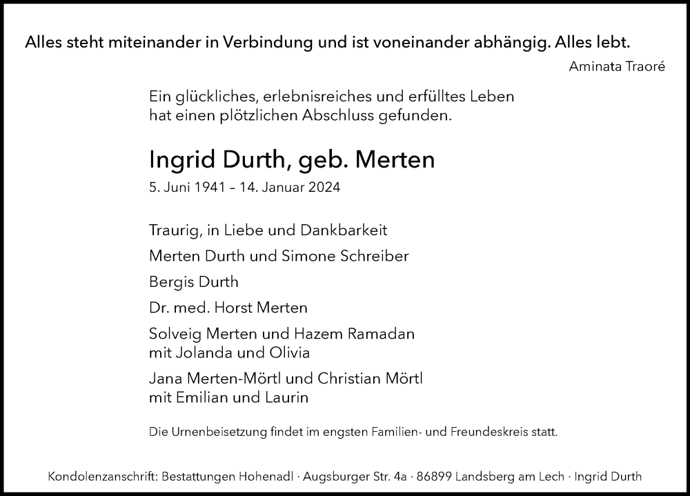 Traueranzeige von Ingrid Durth von Landsberger Tagblatt