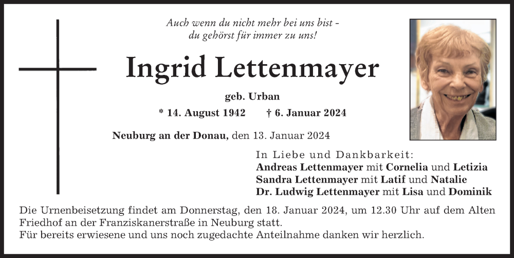 Traueranzeige von Ingrid Lettenmayer von Neuburger Rundschau