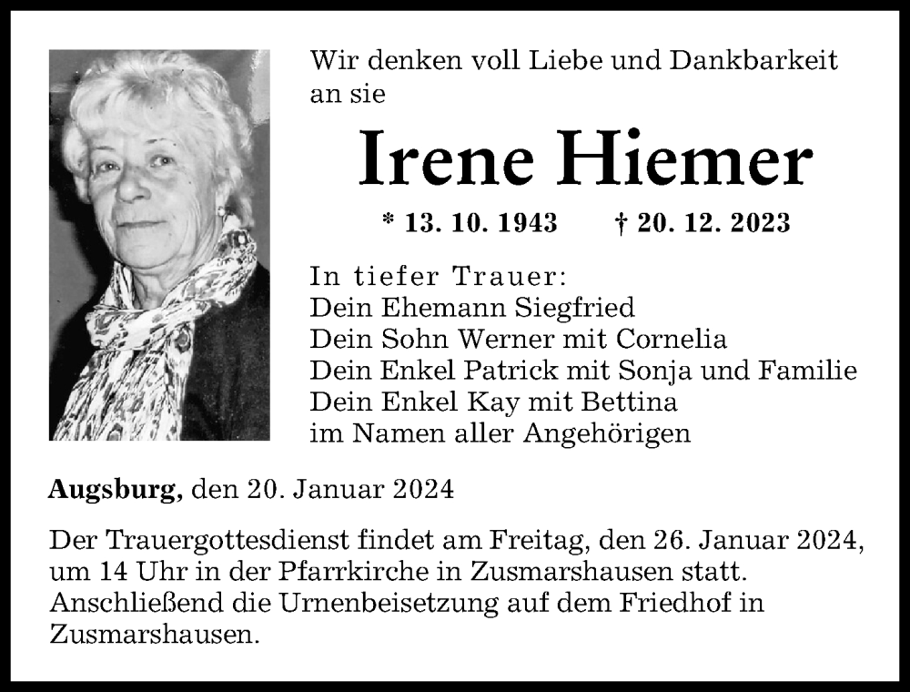 Traueranzeige von Irene Hiemer von Augsburger Allgemeine