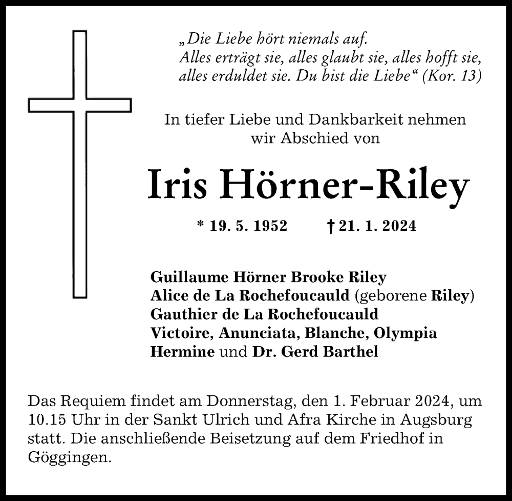 Traueranzeige von Iris Hörner-Riley von Augsburger Allgemeine