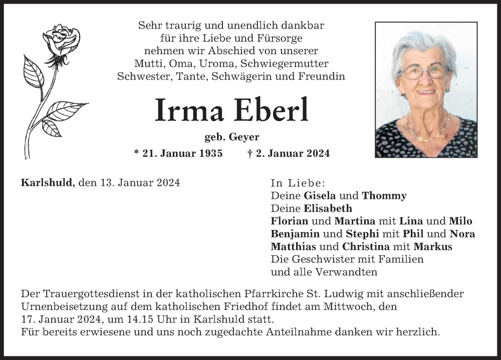 Traueranzeige von Irma Eberl von Neuburger Rundschau