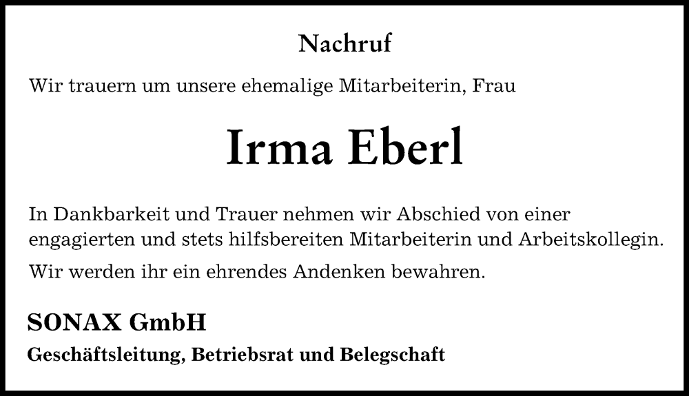 Traueranzeige von Irma Eberl von Neuburger Rundschau