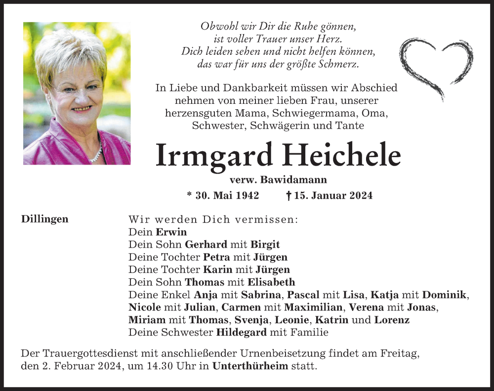 Traueranzeige von Irmgard Heichele von Wertinger Zeitung, Donau Zeitung