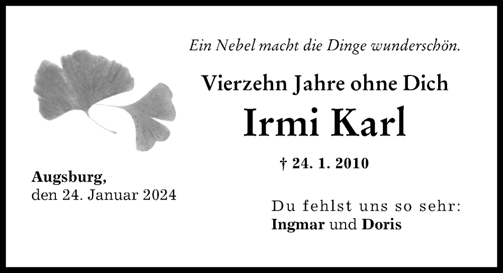  Traueranzeige für Irmi Karl vom 24.01.2024 aus Augsburger Allgemeine