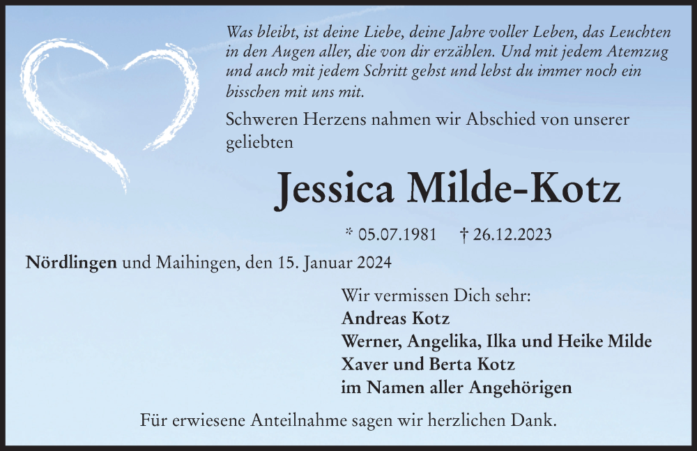  Traueranzeige für Jessica Milde-Kotz vom 15.01.2024 aus Rieser Nachrichten