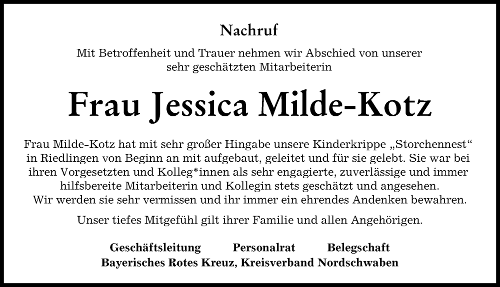  Traueranzeige für Jessica Milde-Kotz vom 16.01.2024 aus Donauwörther Zeitung, Rieser Nachrichten