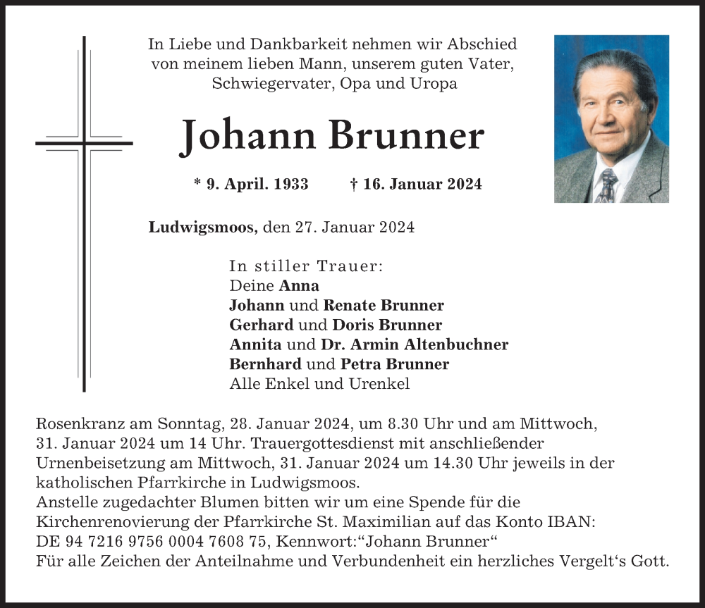 Traueranzeige von Johann Brunner von Neuburger Rundschau