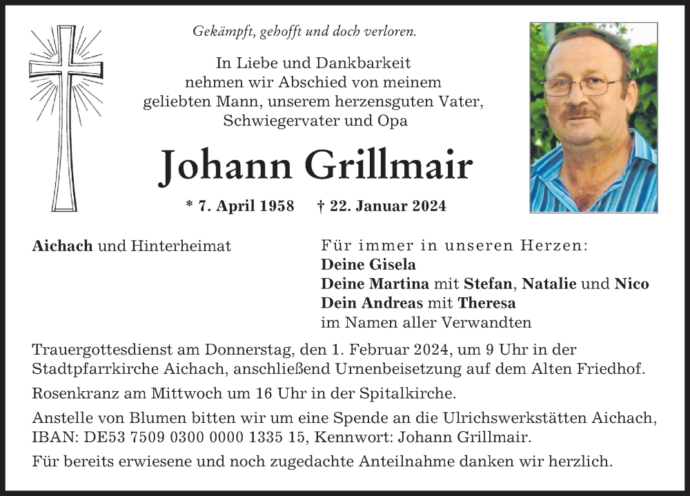 Traueranzeigen von Johann Grillmair | Augsburger Allgemeine Zeitung