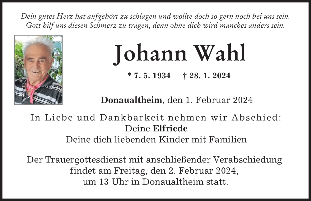 Traueranzeige von Johann Wahl von Donau Zeitung