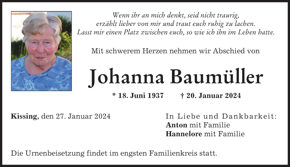 Traueranzeige von Johanna Baumüller von Friedberger Allgemeine