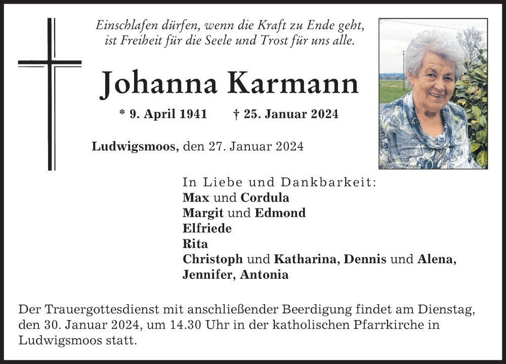 Traueranzeige von Johanna Karmann von Neuburger Rundschau