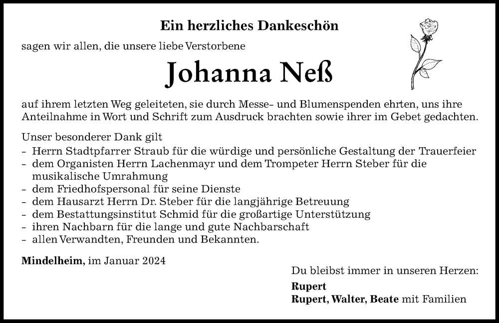 Traueranzeige von Johanna Neß von Mindelheimer Zeitung