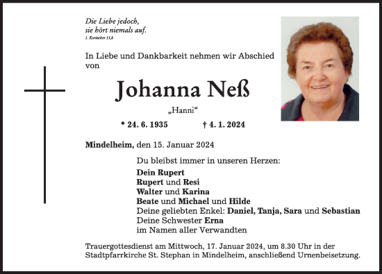 Traueranzeigen Von Johanna Neß Augsburger Allgemeine Zeitung