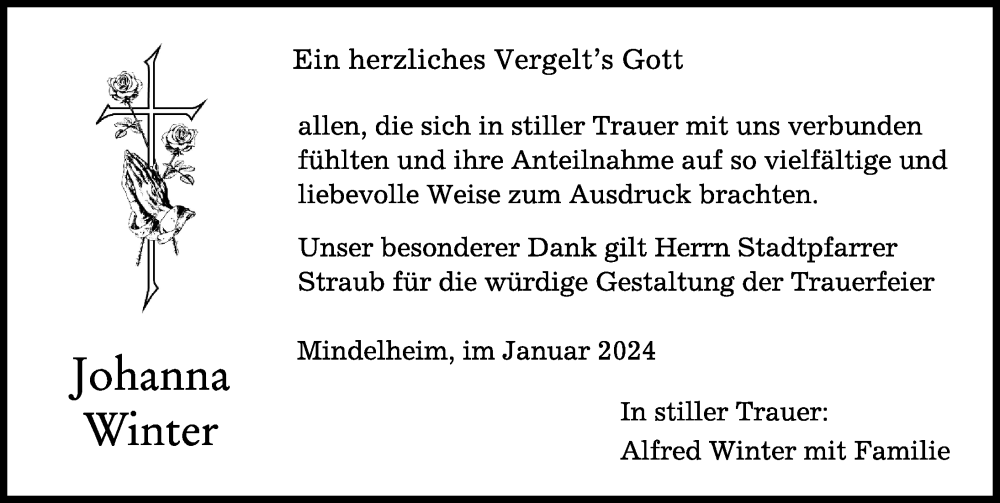 Traueranzeige von Johanna Winter von Mindelheimer Zeitung