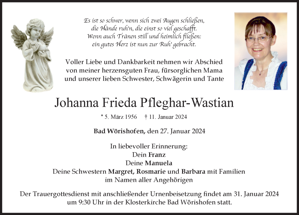 Traueranzeige von Johanna Frieda Pfleghar-Wastian von Mindelheimer Zeitung