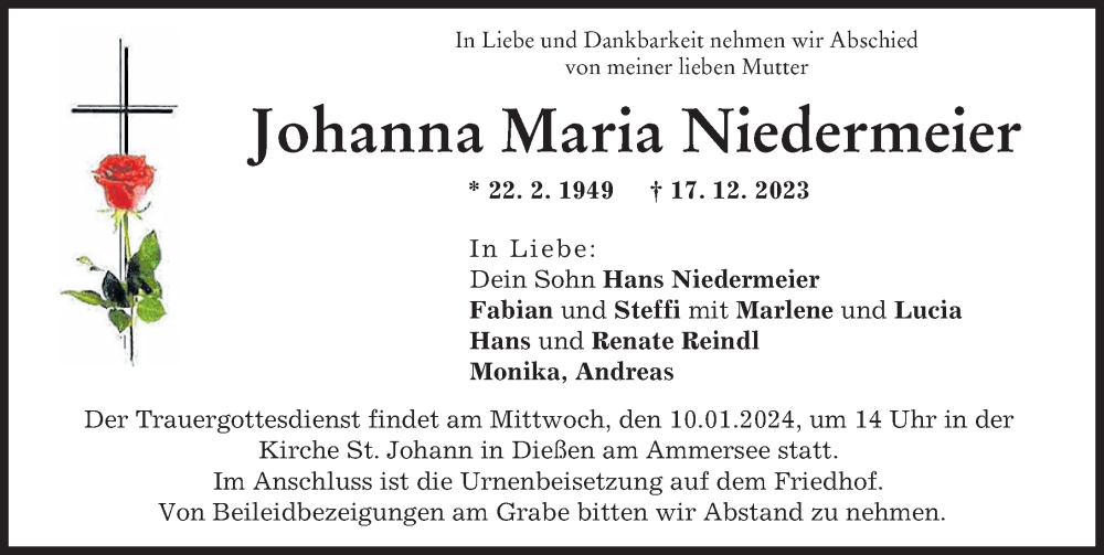 Traueranzeige von Johanna Maria Niedermeier von Ammersee Kurier