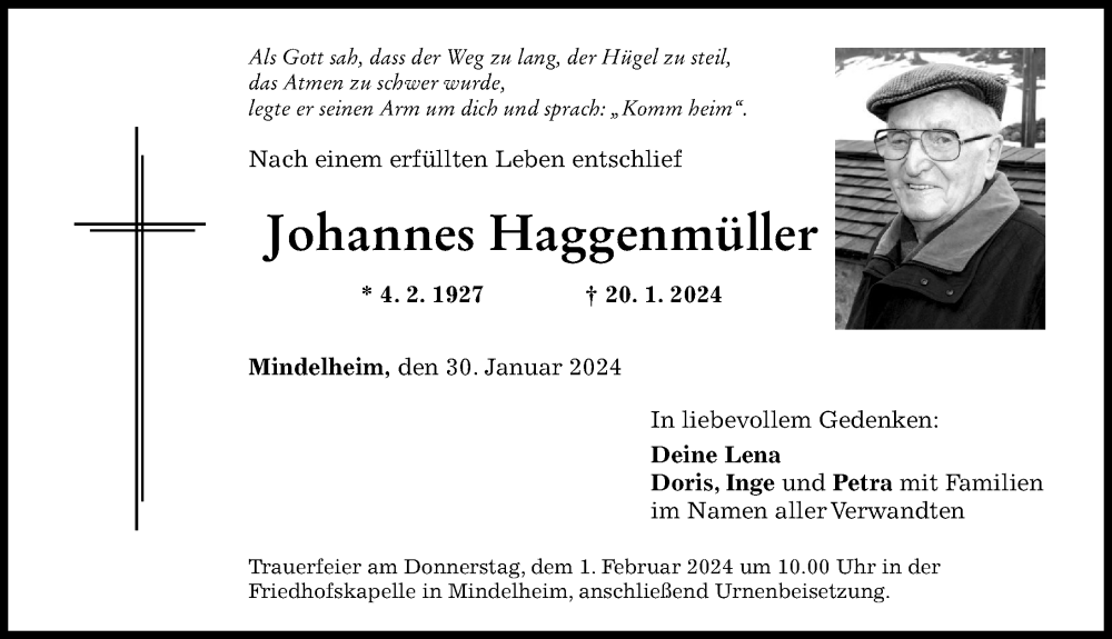 Traueranzeige von Johannes Haggenmüller von Mindelheimer Zeitung