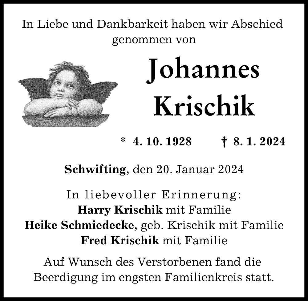 Traueranzeige von Johannes Krischik von Landsberger Tagblatt