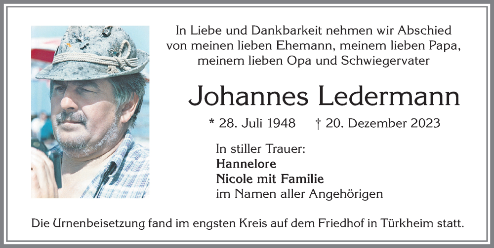 Traueranzeige von Johannes Ledermann von Mindelheimer Zeitung