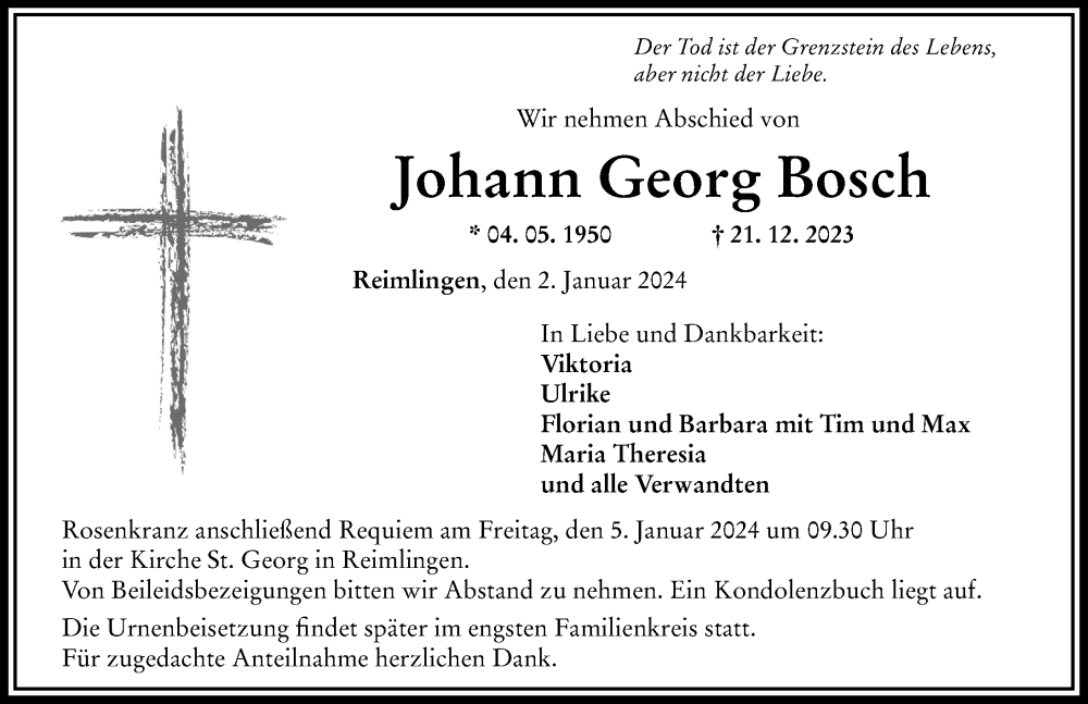 Traueranzeige von Johann Georg Bosch von Rieser Nachrichten