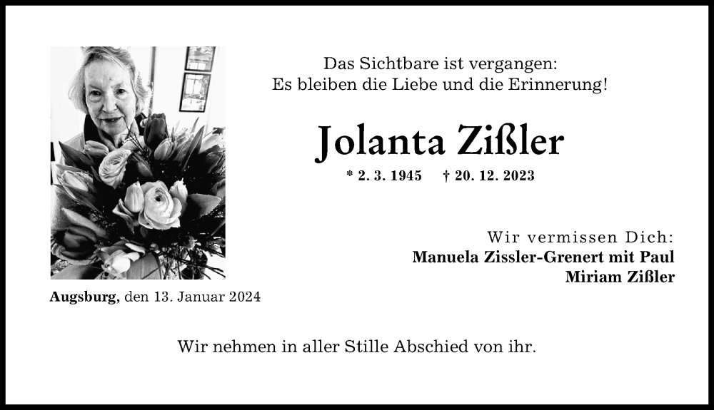 Traueranzeige von Jolanta Zißler von Augsburger Allgemeine