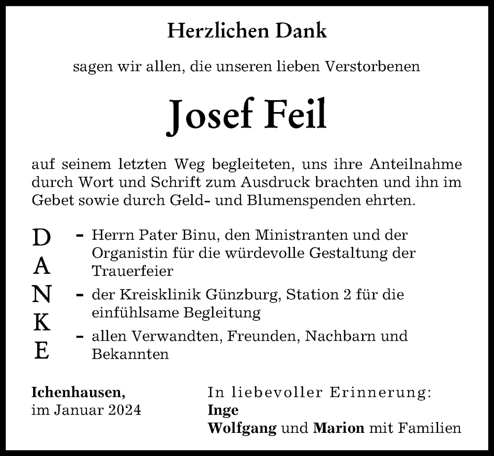 Traueranzeige von Josef Feil von Günzburger Zeitung