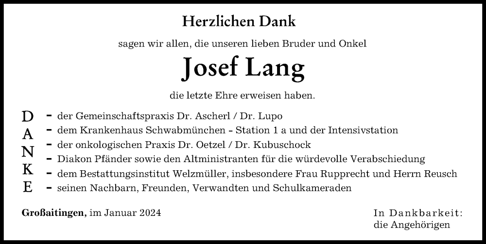 Traueranzeige von Josef Lang von Schwabmünchner Allgemeine