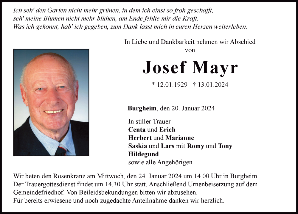 Traueranzeige von Josef Mayr von Neuburger Rundschau