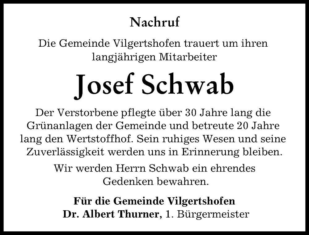 Traueranzeige von Josef Schwab von Landsberger Tagblatt