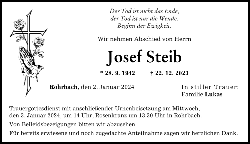 Traueranzeige von Josef Steib von Neuburger Rundschau