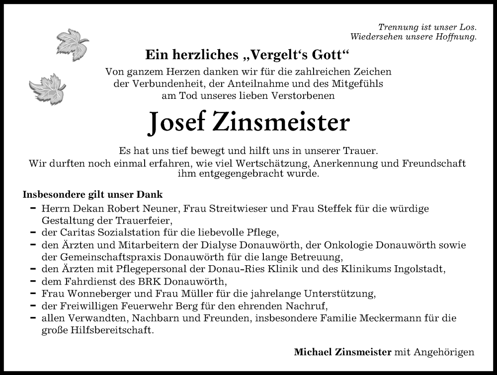 Traueranzeige von Josef Zinsmeister von Donauwörther Zeitung