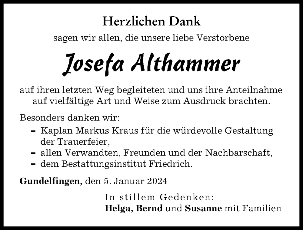  Traueranzeige für Josefa Althammer vom 05.01.2024 aus Donau Zeitung
