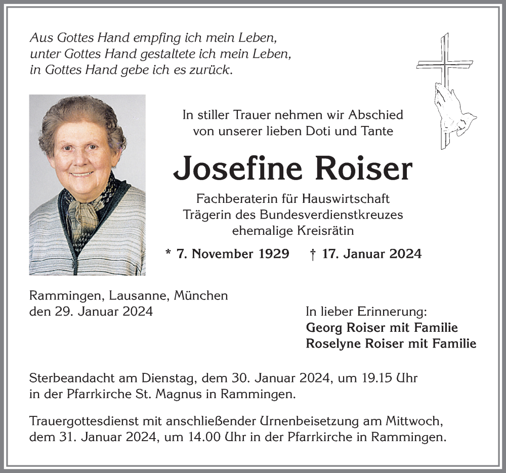  Traueranzeige für Josefine Roiser vom 29.01.2024 aus Mindelheimer Zeitung