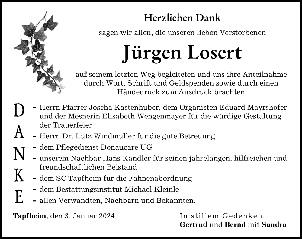  Traueranzeige für Jürgen Losert vom 03.01.2024 aus Donauwörther Zeitung