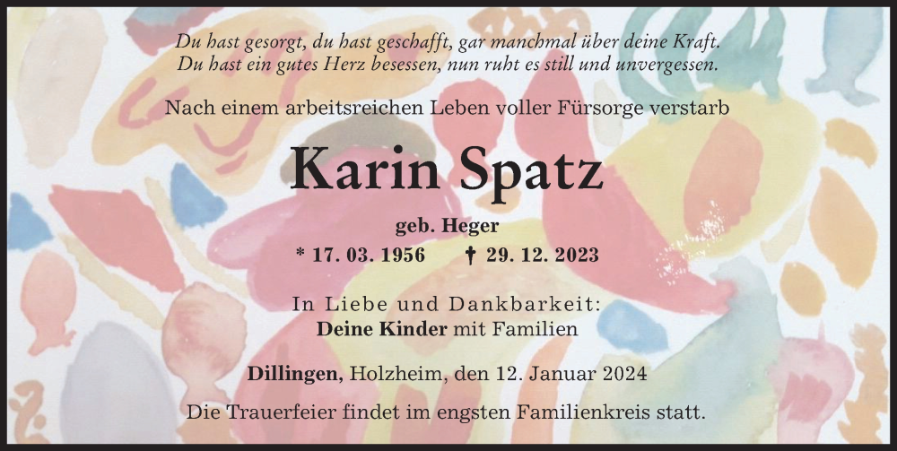 Traueranzeige von Karin Spatz von Donau Zeitung