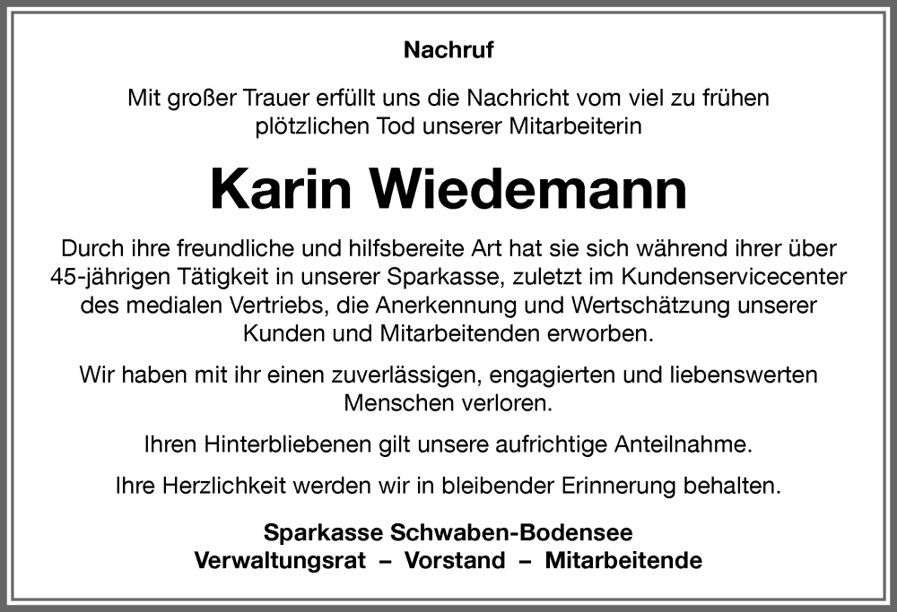 Traueranzeige von Karin Wiedemann von Augsburger Allgemeine