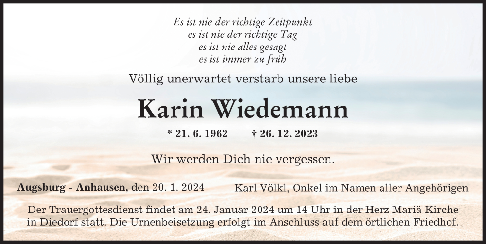 Traueranzeige von Karin Wiedemann von Augsburger Allgemeine