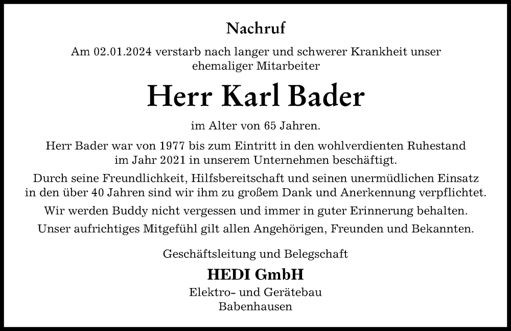 Traueranzeige von Karl Bader von Illertisser Zeitung