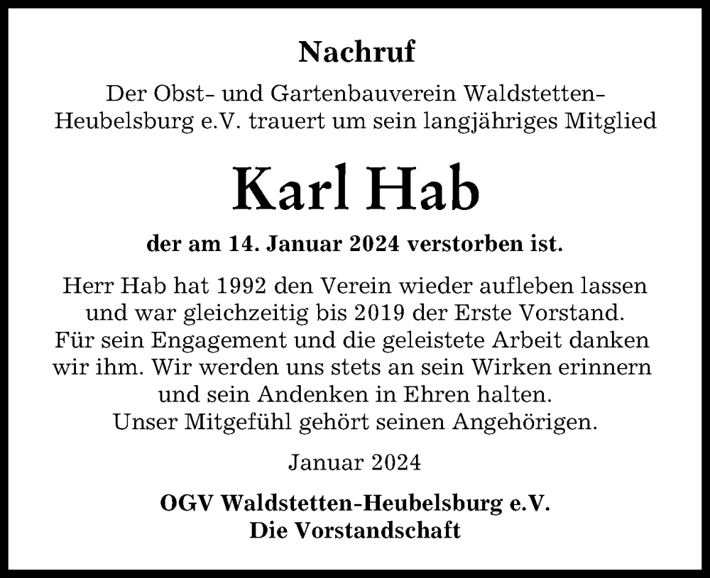 Traueranzeige von Karl Hab von Günzburger Zeitung