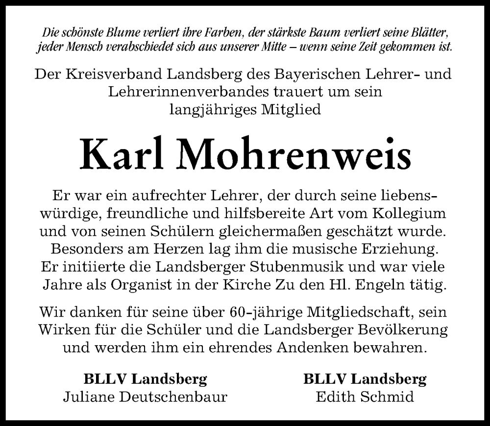 Traueranzeige von Karl Mohrenweis von Landsberger Tagblatt