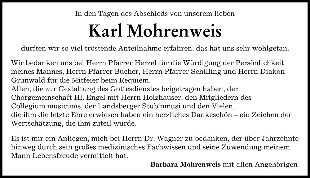 Traueranzeige von Karl Mohrenweis von Landsberger Tagblatt