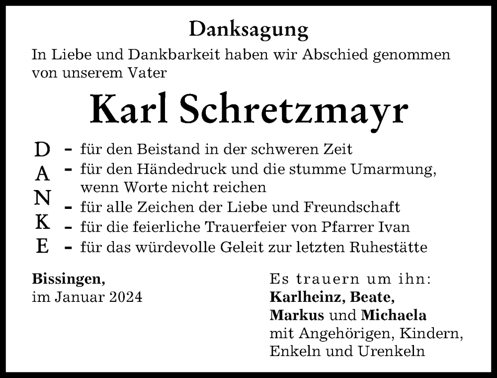 Traueranzeige von Karl Schretzmayr von Donau Zeitung